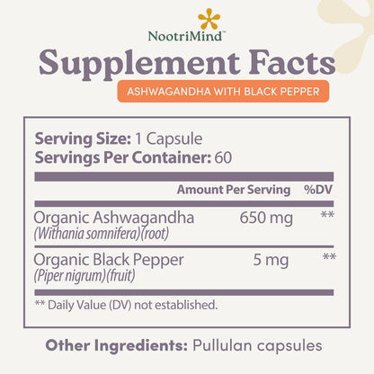 nootrimind Organic Ashwagandha Extra Strength – Stress, Mood & Energy Support with Black Pepper | 60 Capsules | Non-GMO, Vegan, Gluten Free