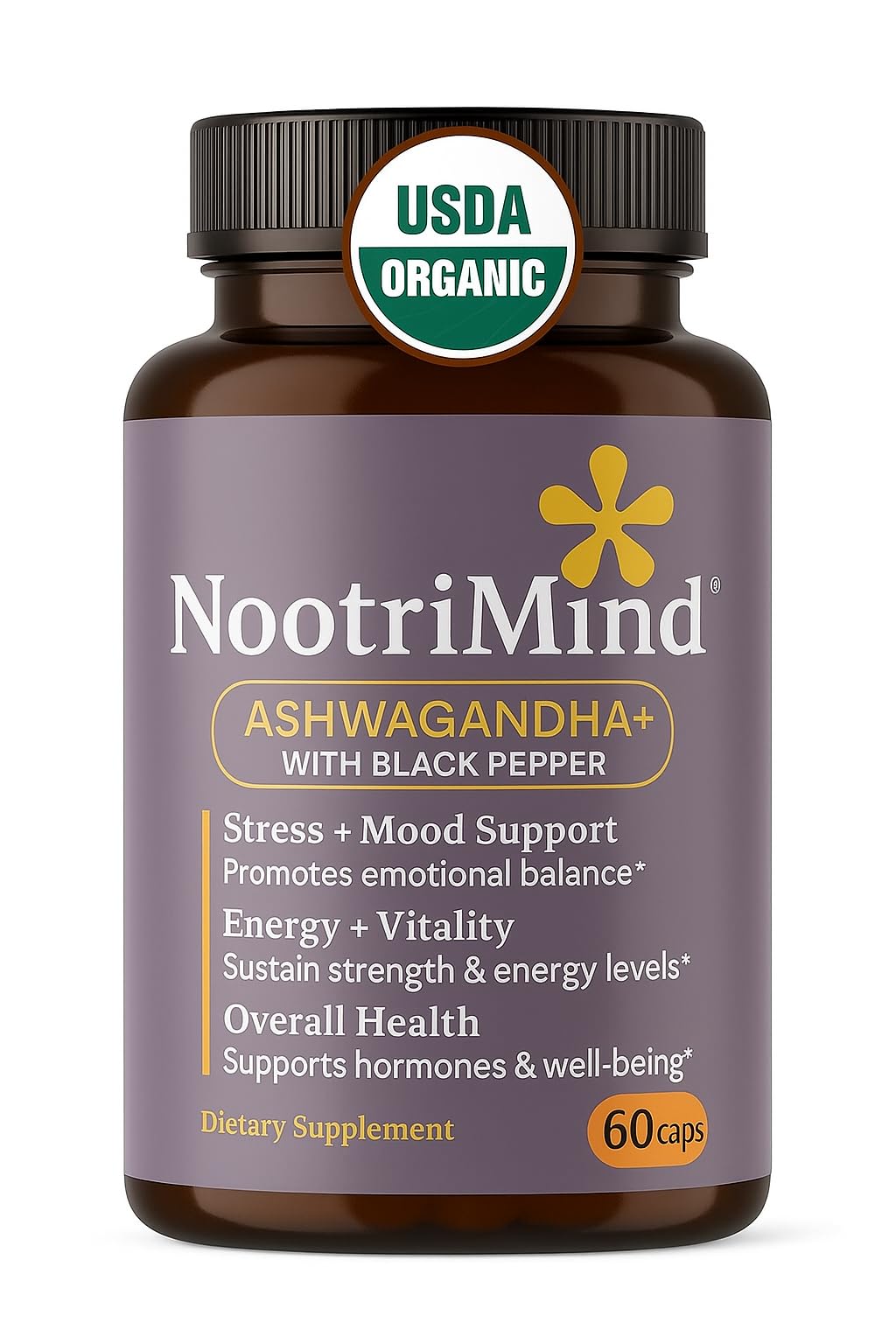 nootrimind Organic Ashwagandha Extra Strength – Stress, Mood & Energy Support with Black Pepper | 60 Capsules | Non-GMO, Vegan, Gluten Free