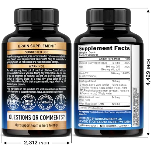 Brain Supplement 750 mg – 12-in-1 Nootropic for Memory & Focus | Made in USA, 60 Capsules
