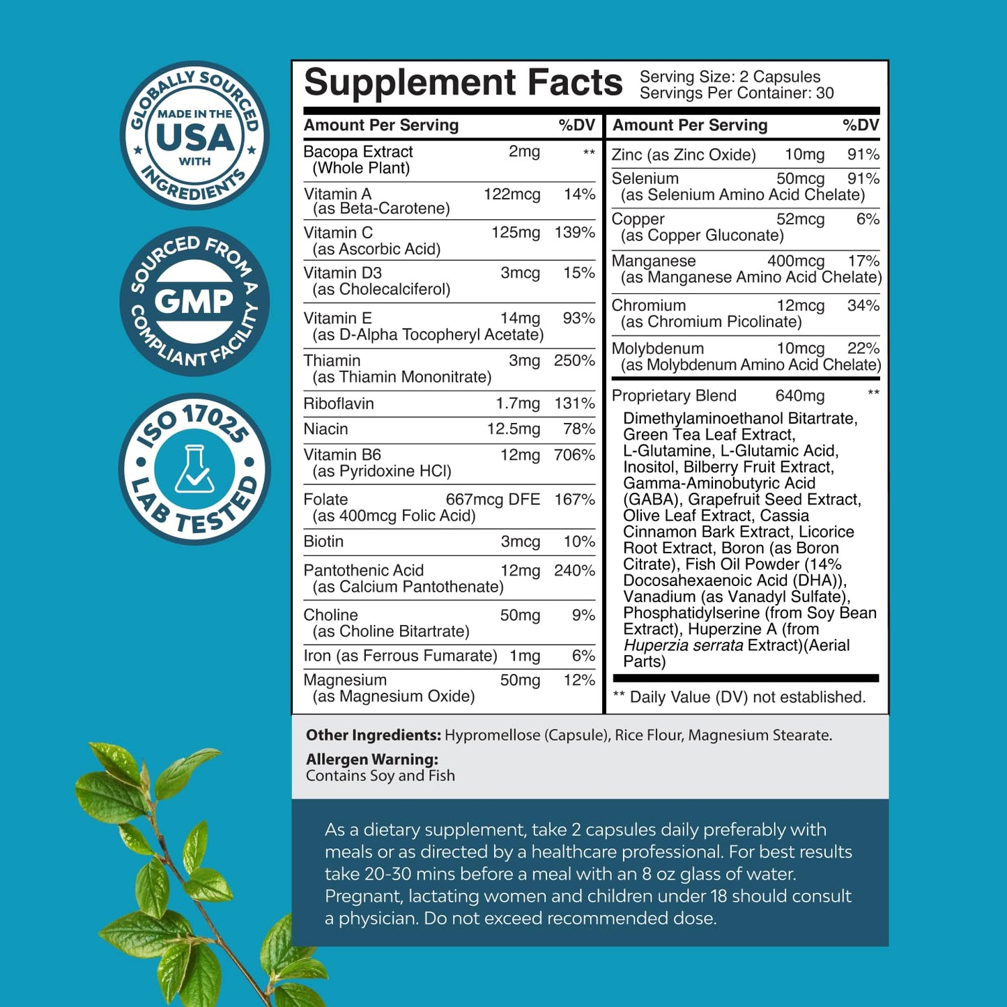 Nootropic Brain Supplement for Memory & Focus – Bacopa Monnieri & B Vitamins (60 Ct)