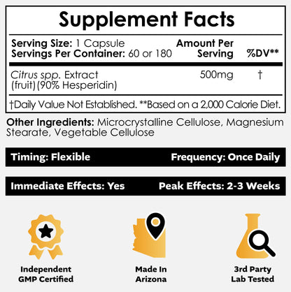 Nootropics Depot Hesperidin Capsules 500mg – 180 Count | 90% Citrus Extract | Supports Metabolic Function & Cardiovascular Health