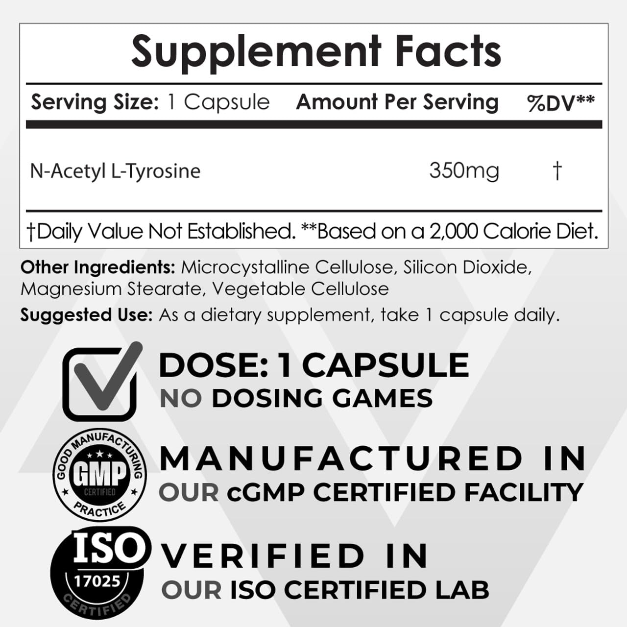 N-Acetyl L-Tyrosine (NALT) Capsules 350mg – 120 Count | Amino Acid Supplement | Nootropics Depot