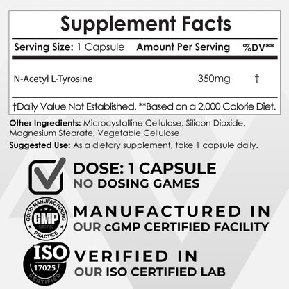 N-Acetyl L-Tyrosine (NALT) Capsules 350mg – 120 Count | Amino Acid Supplement | Nootropics Depot