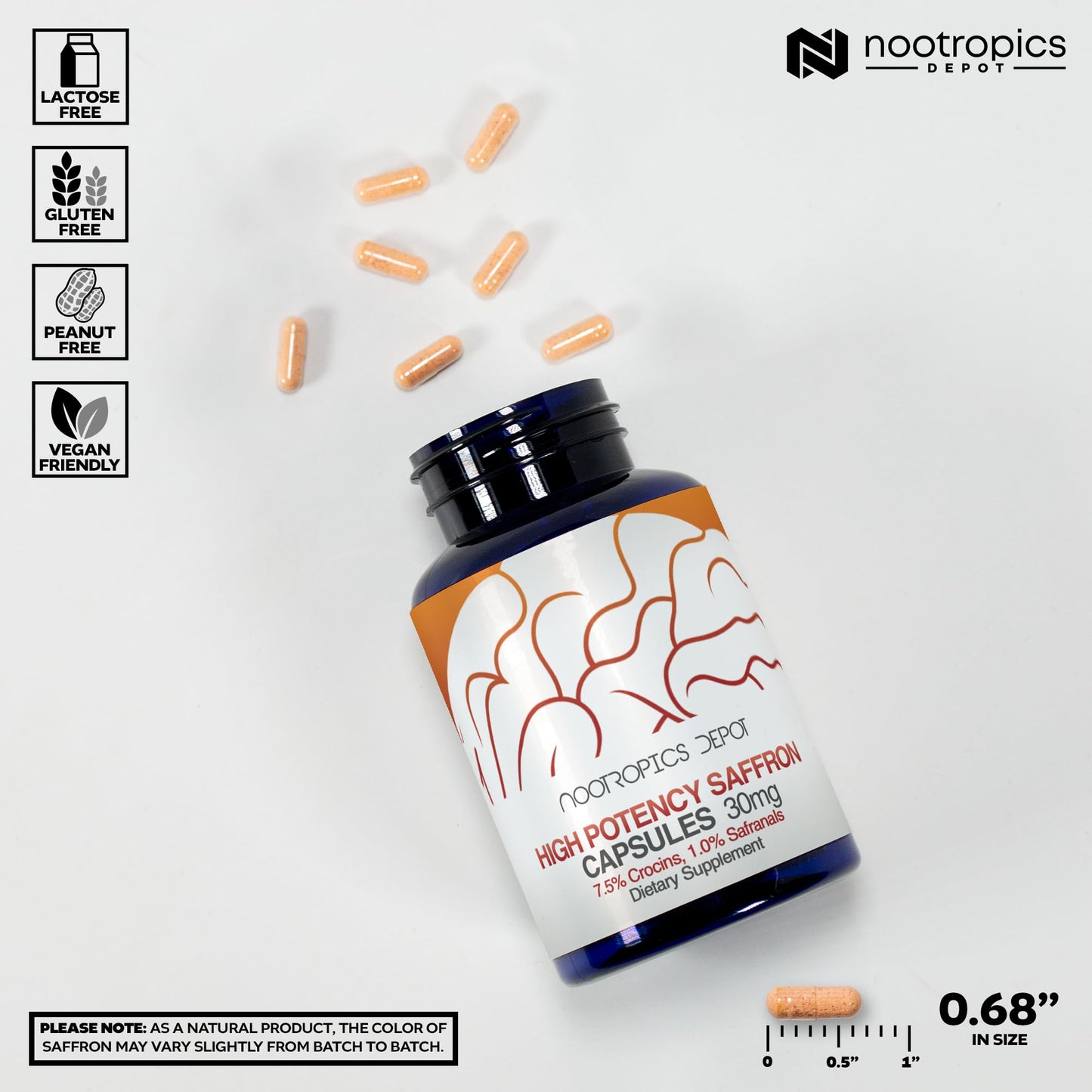 Nootropics Depot High Potency Saffron Extract Capsules | 30mg | Minimum 7.5% Crocins and 1% Safranals | Crocus sativus | 60 ct