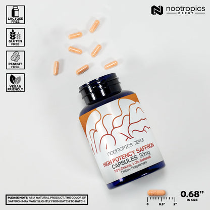 Nootropics Depot High Potency Saffron Extract Capsules | 30mg | Minimum 7.5% Crocins and 1% Safranals | Crocus sativus | 60 ct
