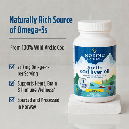 Nordic Naturals Arctic Cod Liver Oil Lemon – 180 Soft Gels | 750 mg Omega-3s (EPA & DHA)