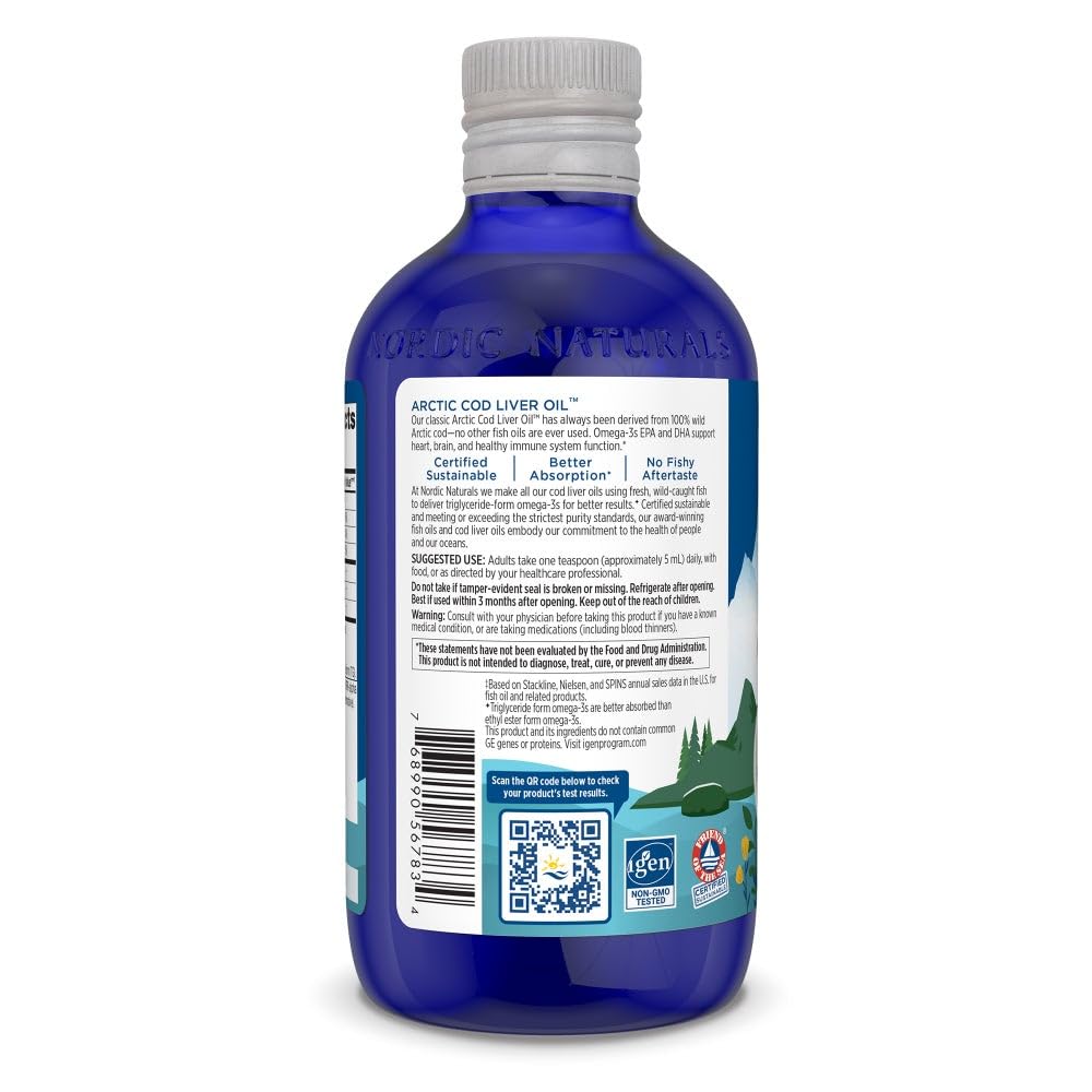 Nordic Naturals Arctic Cod Liver Oil Strawberry - 8 oz | 1060 mg Omega-3s | EPA & DHA | Heart & Brain Health | Non-GMO | 48 Servings