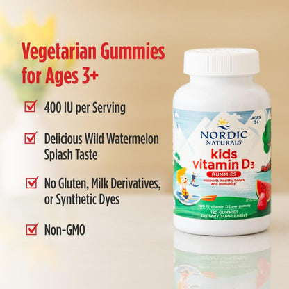 Nordic Naturals Vitamin D3 Gummies Kids – Wild Watermelon Splash (400 IU) – 120 Gummies