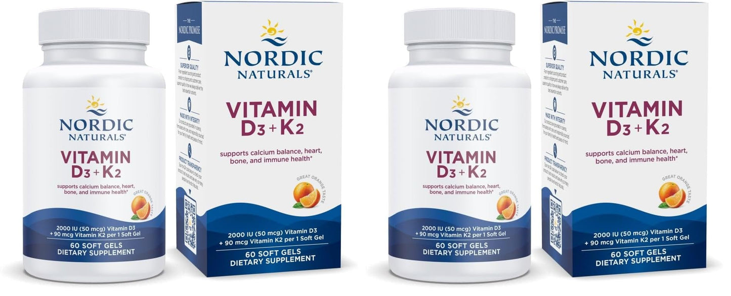 Nordic Naturals Vitamin D3 + K2 Orange Taste – 60 Soft Gels (Pack of 2) | Supports Bones, Immune Function & Calcium Balance