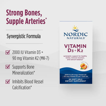Nordic Naturals Vitamin D3 + K2 Orange Taste – 60 Soft Gels (Pack of 2) | Supports Bones, Immune Function & Calcium Balance