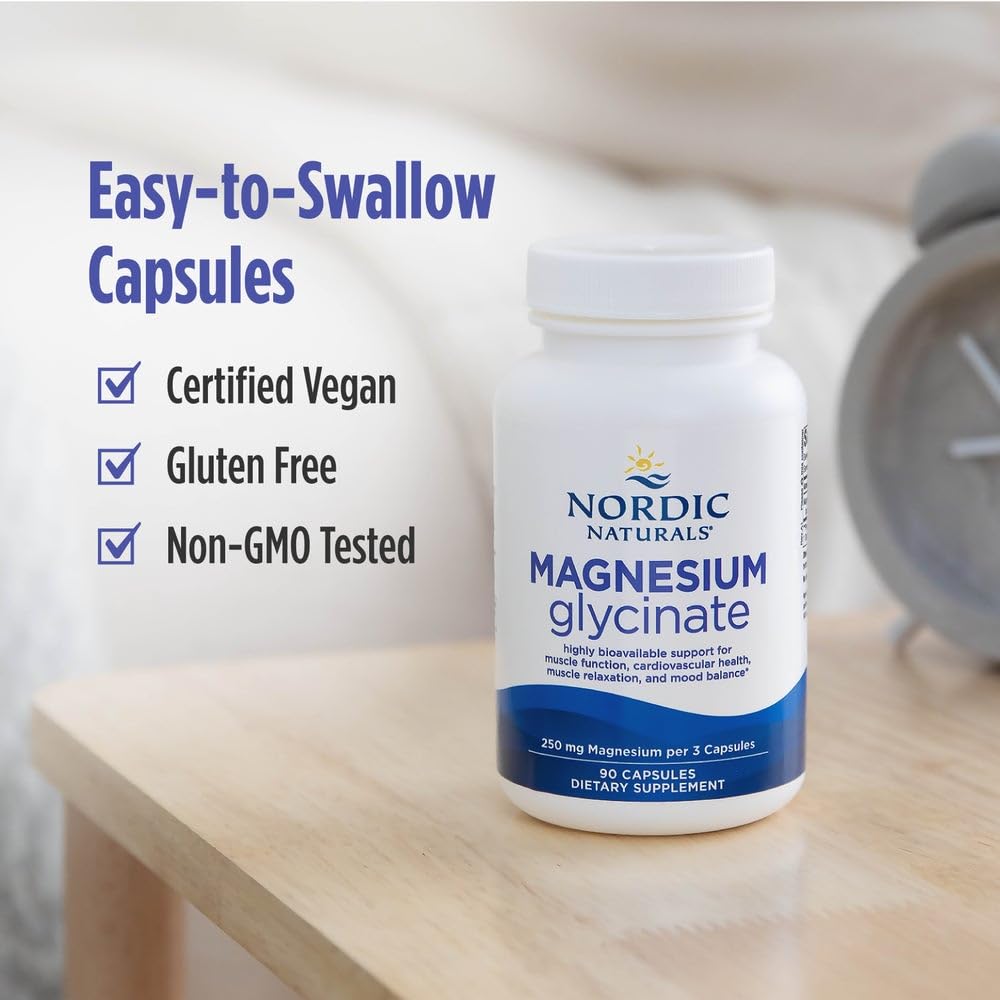Nordic Naturals Vegetarian Magnesium Glycinate Capsules – 90 Count, 250 mg per Serving | Non-GMO, Unflavored
