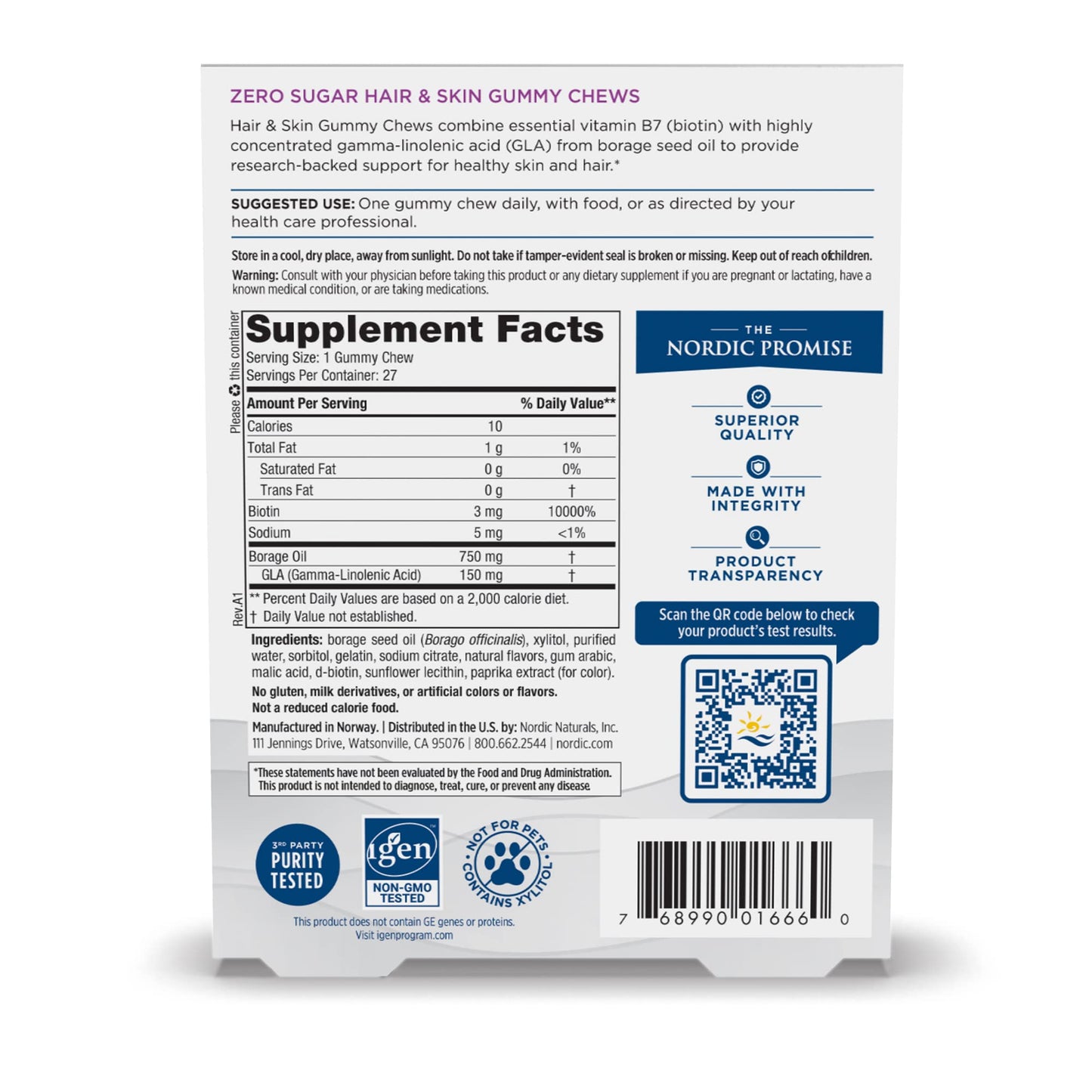 Nordic Naturals Zero Sugar Hair & Skin Gummy Chews Biotin + GLA