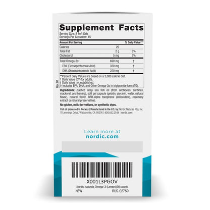 Nordic Naturals Omega-3 Lemon Flavor - 90 Soft Gels, 690 mg EPA & DHA