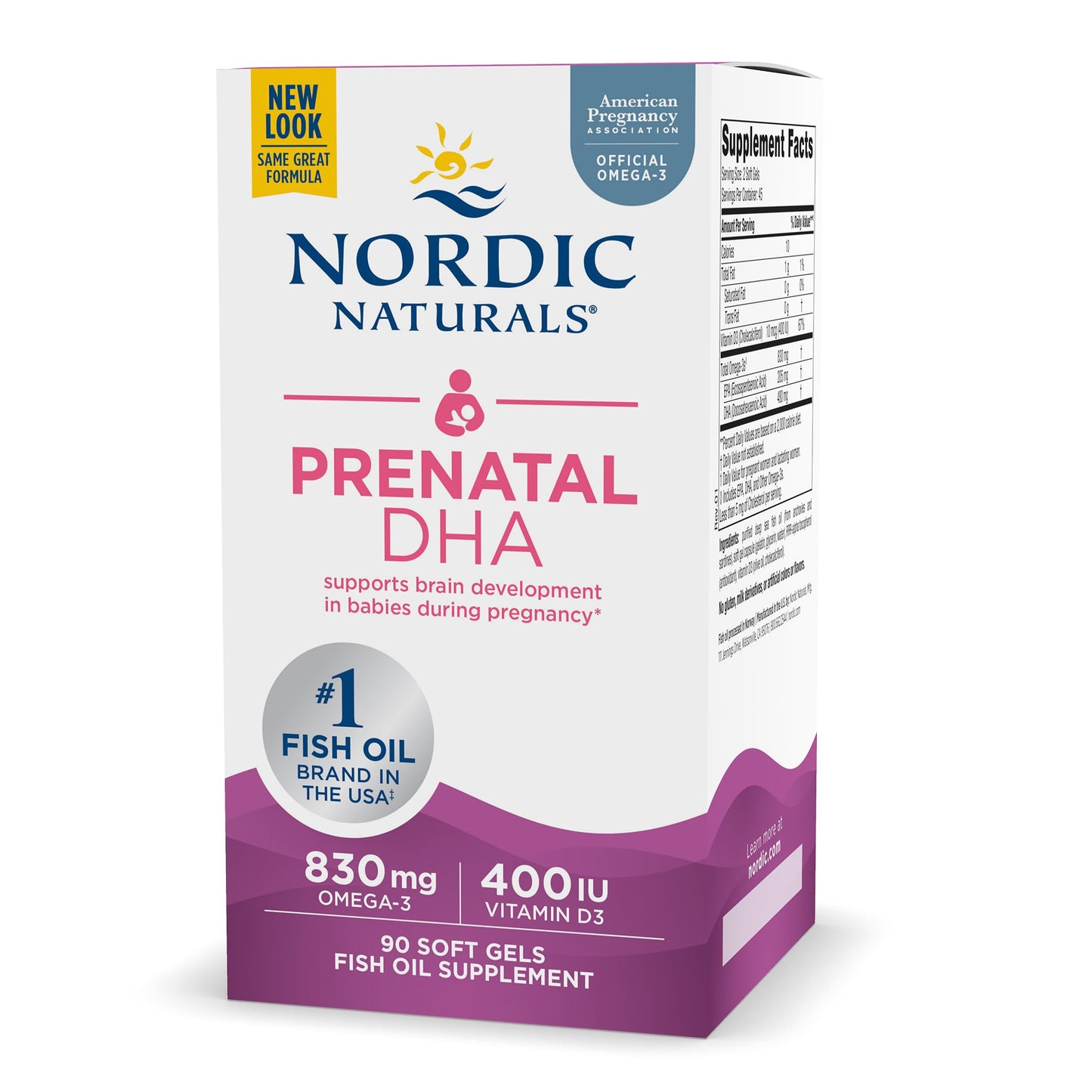 Nordic Naturals Pro Prenatal DHA Unflavored – 830 mg Omega-3 + 400 IU Vitamin D3, 90 Soft Gels