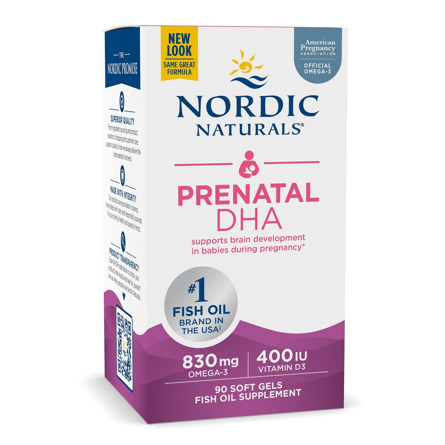 Nordic Naturals Pro Prenatal DHA Unflavored – 830 mg Omega-3 + 400 IU Vitamin D3, 90 Soft Gels
