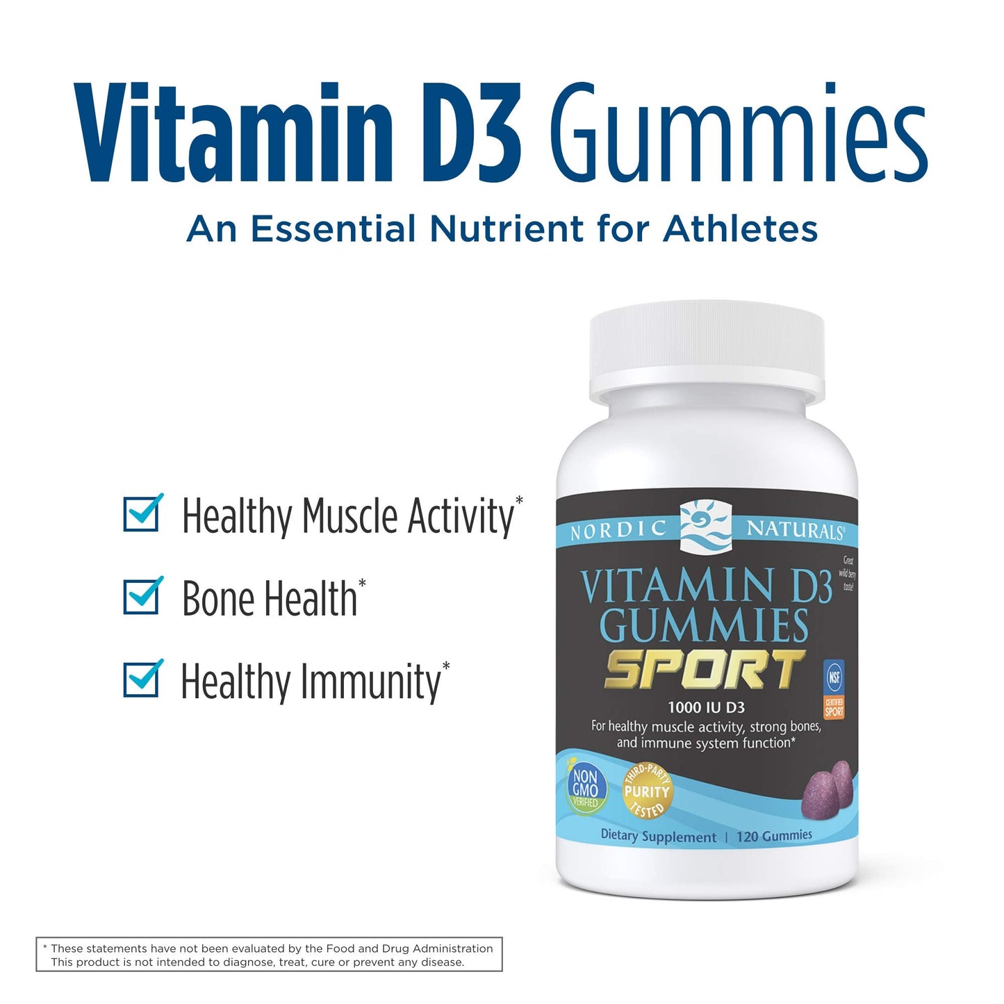 Nordic Naturals Vitamin D3 Gummies Sport - Wild Berry, 1000 IU | NSF Certified