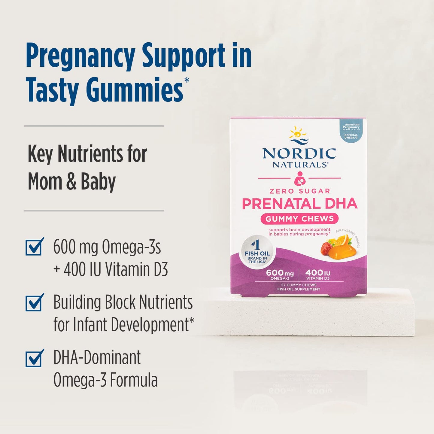 Nordic Naturals Zero Sugar DHA Prenatal Gummies – Strawberry Orange, 27 Gummies | 600 mg Omega-3, 400 IU D3