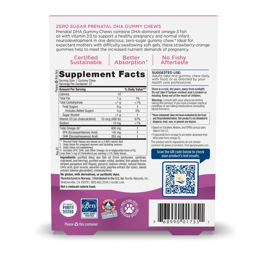 Nordic Naturals Zero Sugar DHA Prenatal Gummies – Strawberry Orange, 27 Gummies | 600 mg Omega-3, 400 IU D3