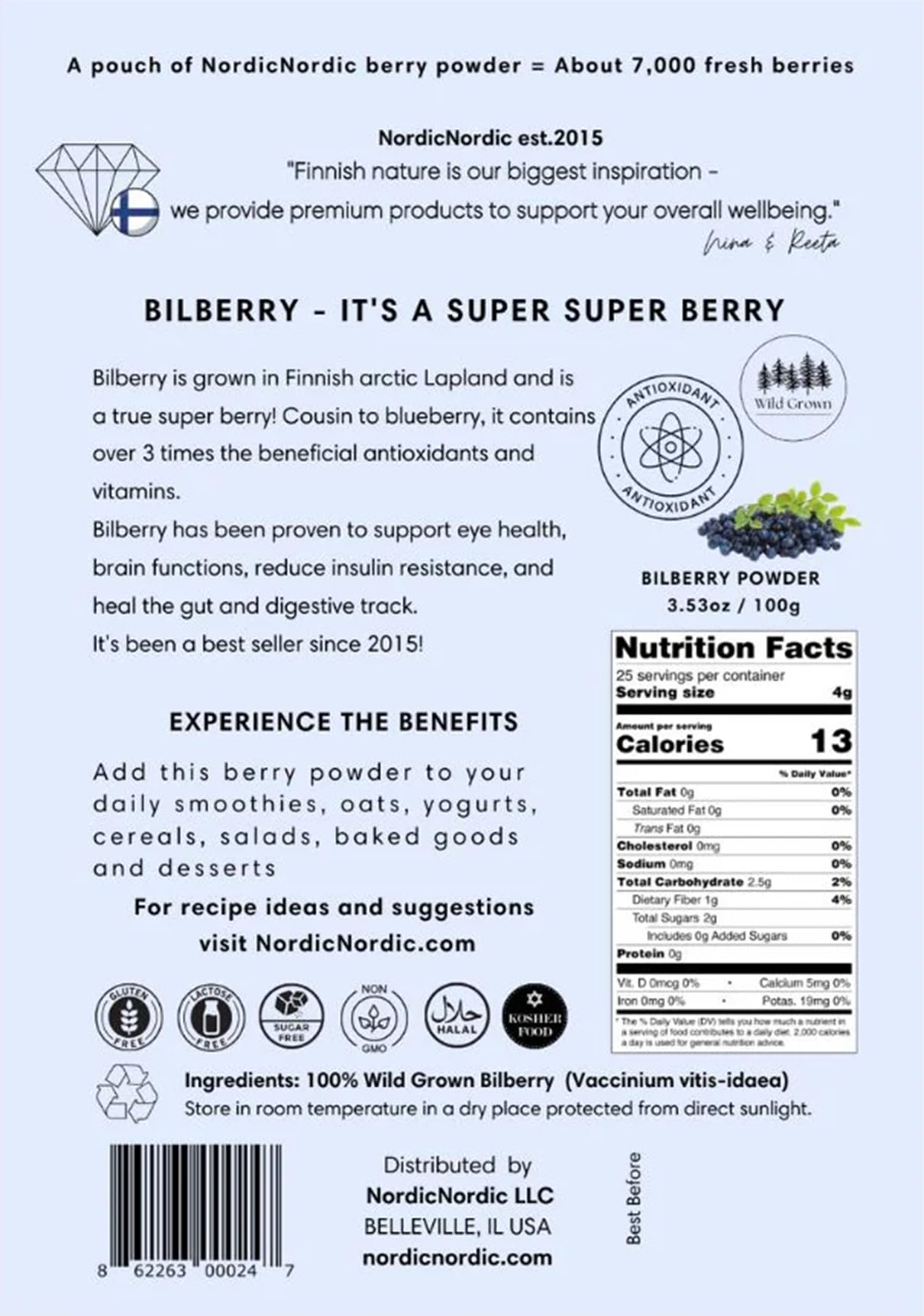 NordicNordic Bilberry Powder, Powerful Antioxidant Superfood (100 Gram)