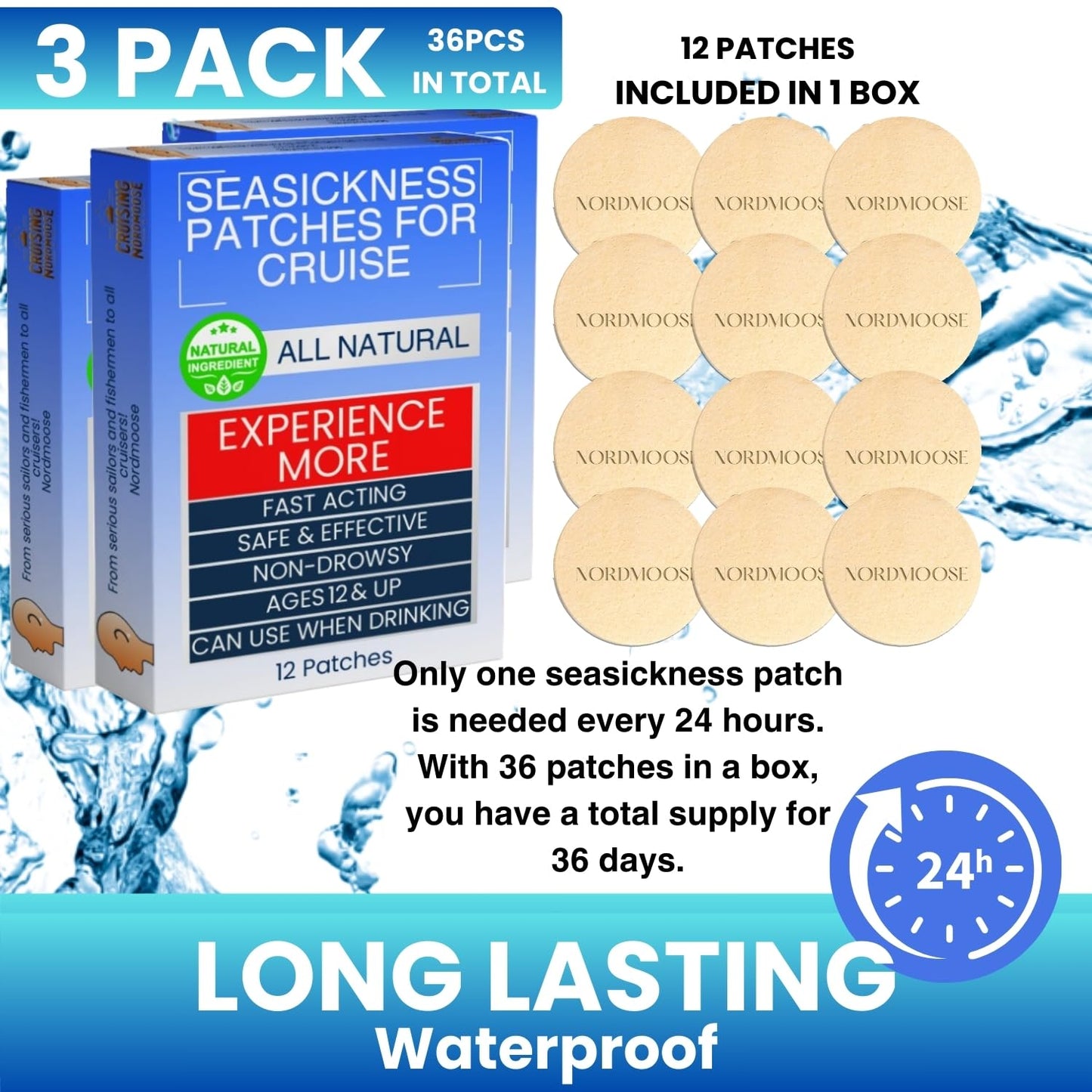 Nordmoose Sea Sickness Patches for Cruise - All Natural Non-Drowsy Motion Sickness Patches (3 Pack)