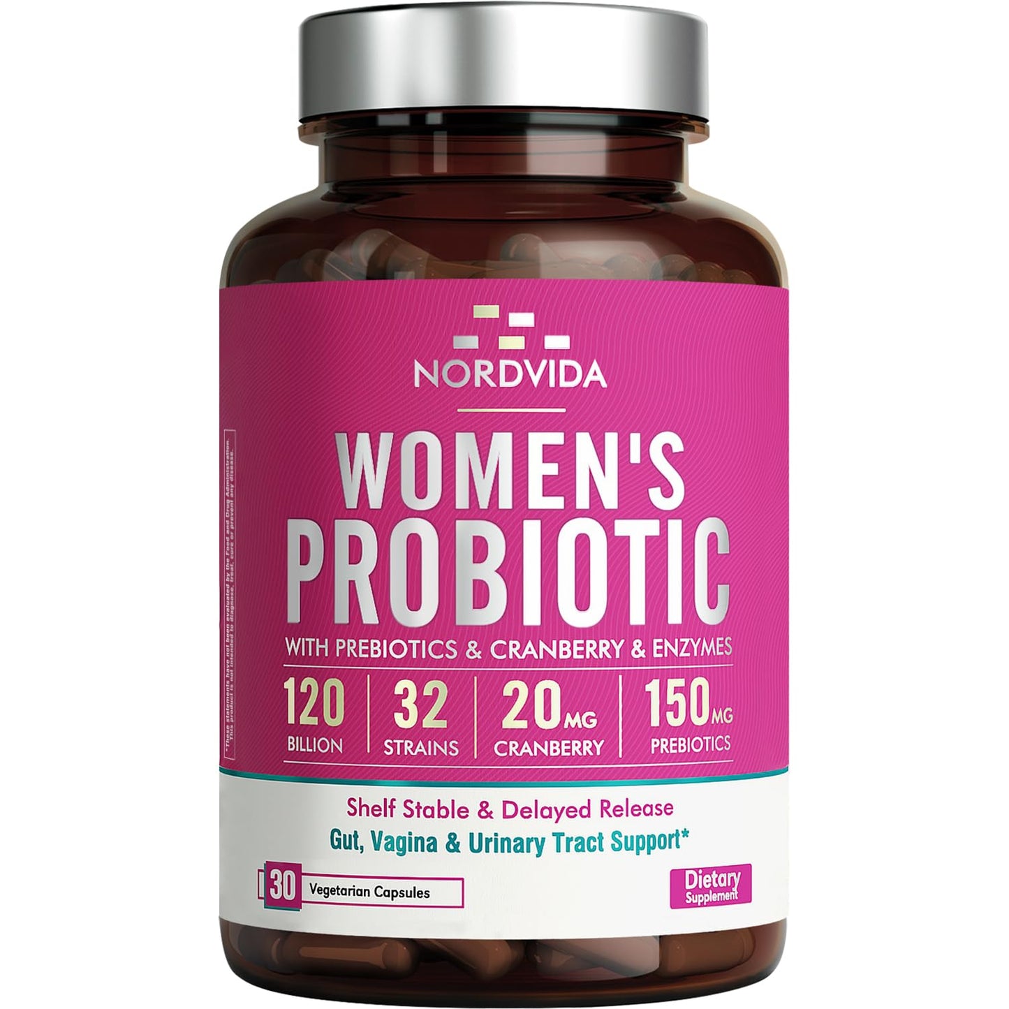 Nordvida Women's Probiotic 120B: 32 Strains, Cranberry, Prebiotics & Digestive Enzymes