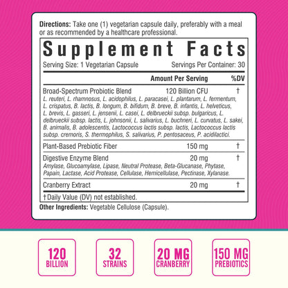 Nordvida Women's Probiotic 120B: 32 Strains, Cranberry, Prebiotics & Digestive Enzymes
