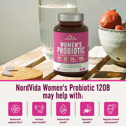 Nordvida Women's Probiotic 120B: 32 Strains, Cranberry, Prebiotics & Digestive Enzymes