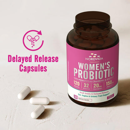 Nordvida Women's Probiotic 120B: 32 Strains, Cranberry, Prebiotics & Digestive Enzymes