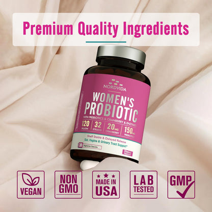 Nordvida Women's Probiotic 120B: 32 Strains, Cranberry, Prebiotics & Digestive Enzymes