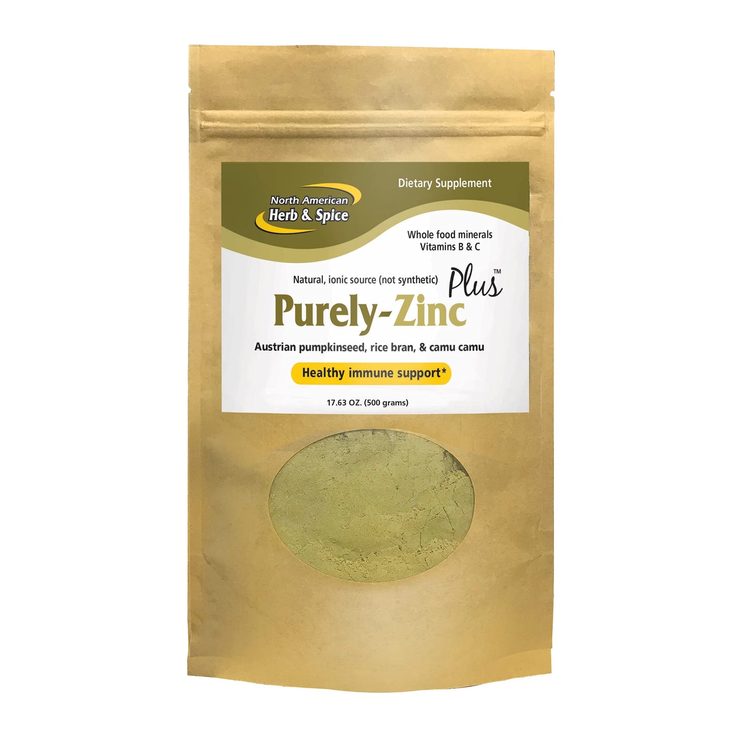 North American Herb & Spice Purely-Zinc Plus - 17.63 oz - Whole Food Zinc Supplement - Healthy Immune Support - Austrian Pumpkin Seed, Rice Bran & Camu Camu - Non-GMO - 18 Servings
