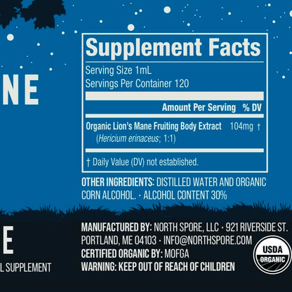 North Spore Organic Lion's Mane Mushroom Tincture (4 oz) | 100% Fruiting Body Extracts | for Focus, Memory, Brain Support | Certified Organic, Vegan, Non-GMO | Adaptogenic, Nootropic | Made in USA