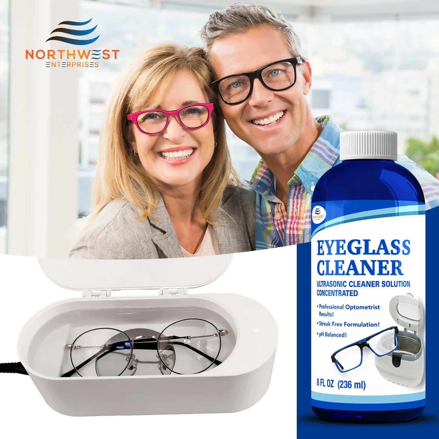 NORTHWEST ENTERPRISES Ultrasonic Eyeglass Cleaner Solution – Concentrated Glasses Cleaner for Sonic & Ultrasonic Machines
