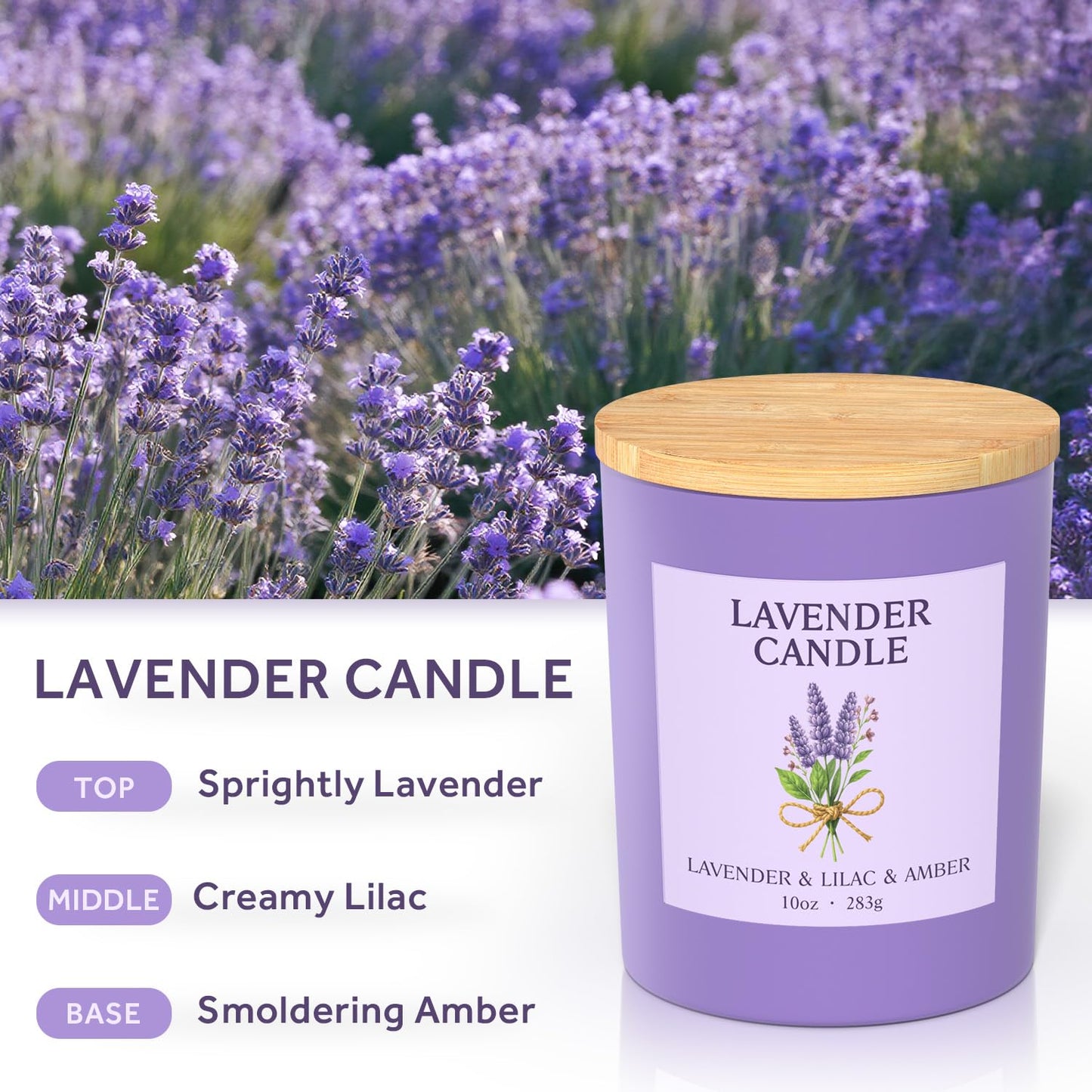 NORVENCE Lavender Candle - 10oz Soy Wax, Bamboo Lid | Relaxation & Home Decor