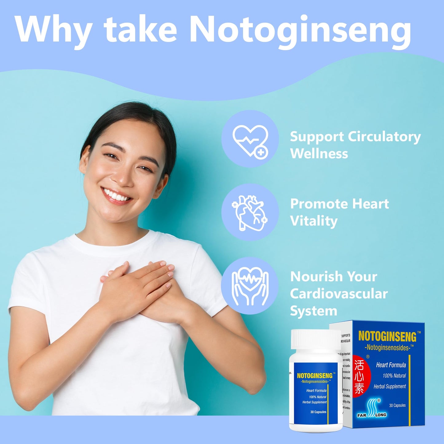 NOTOGINSENG ™ – Support Healthy Heart | 100% All-Natural Notoginseng Supplement, 30 Capsules, 90% Notoginsenosides, San Qi | Farlong