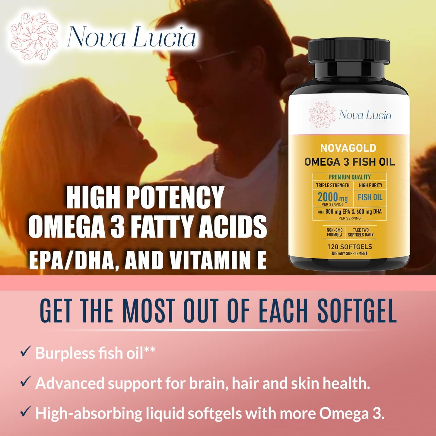 NovaGold Omega-3 Fish Oil 2000mg – High Strength EPA DHA Softgels | Burpless & Non-GMO