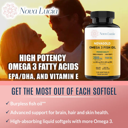 NovaGold Omega-3 Fish Oil 2000mg – High Strength EPA DHA Softgels | Burpless & Non-GMO