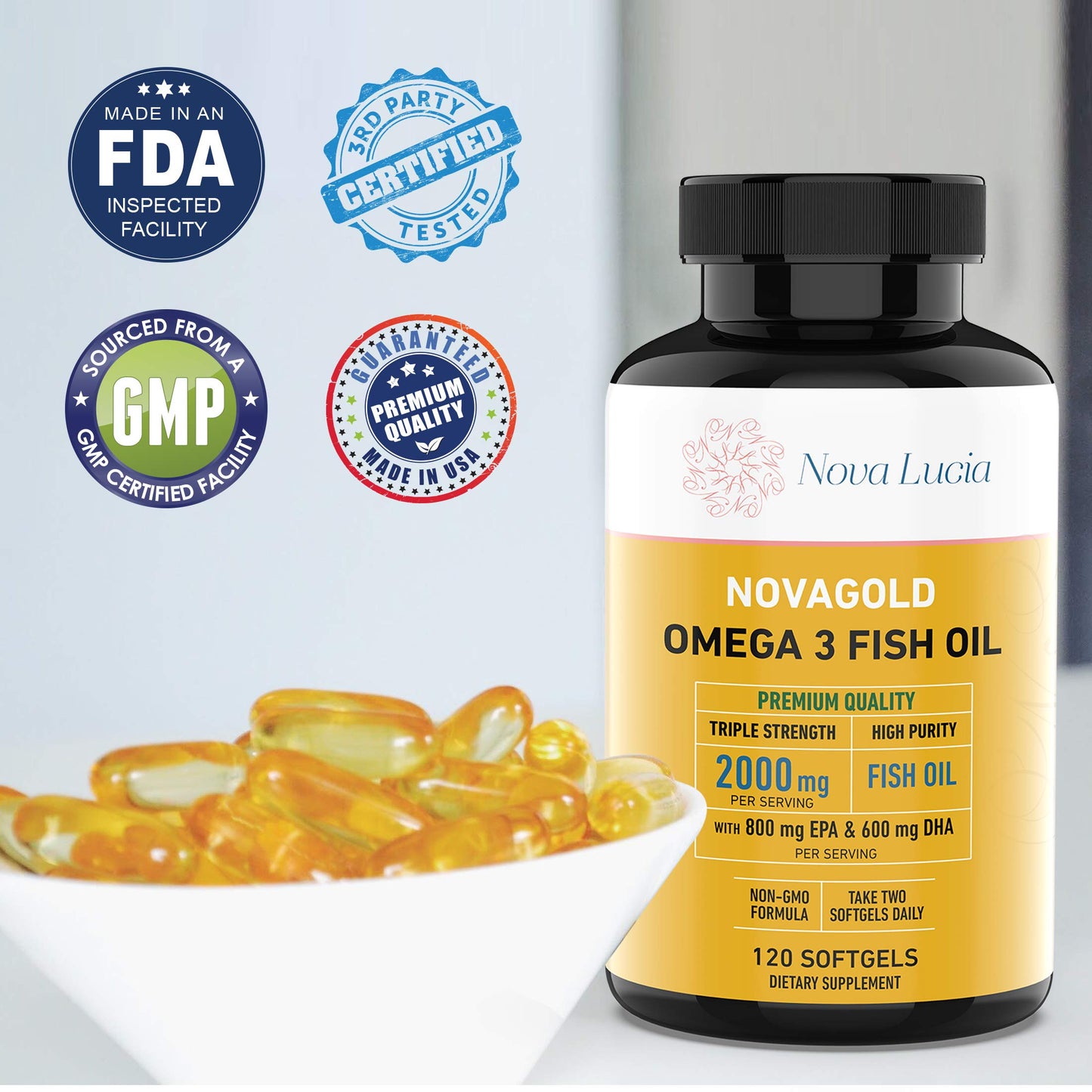 NovaGold Omega-3 Fish Oil 2000mg – High Strength EPA DHA Softgels | Burpless & Non-GMO