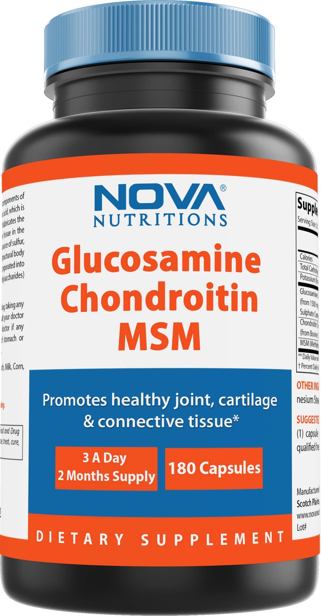 Nova Nutritions Triple Strength Glucosamine Chondroitin MSM 2600mg/Serving – 180 Count Capsules | Joint Health & Flexibility