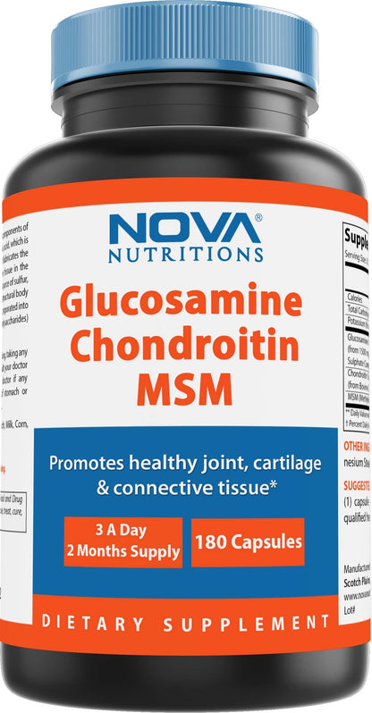 Nova Nutritions Triple Strength Glucosamine Chondroitin MSM 2600mg/Serving – 180 Count Capsules | Joint Health & Flexibility