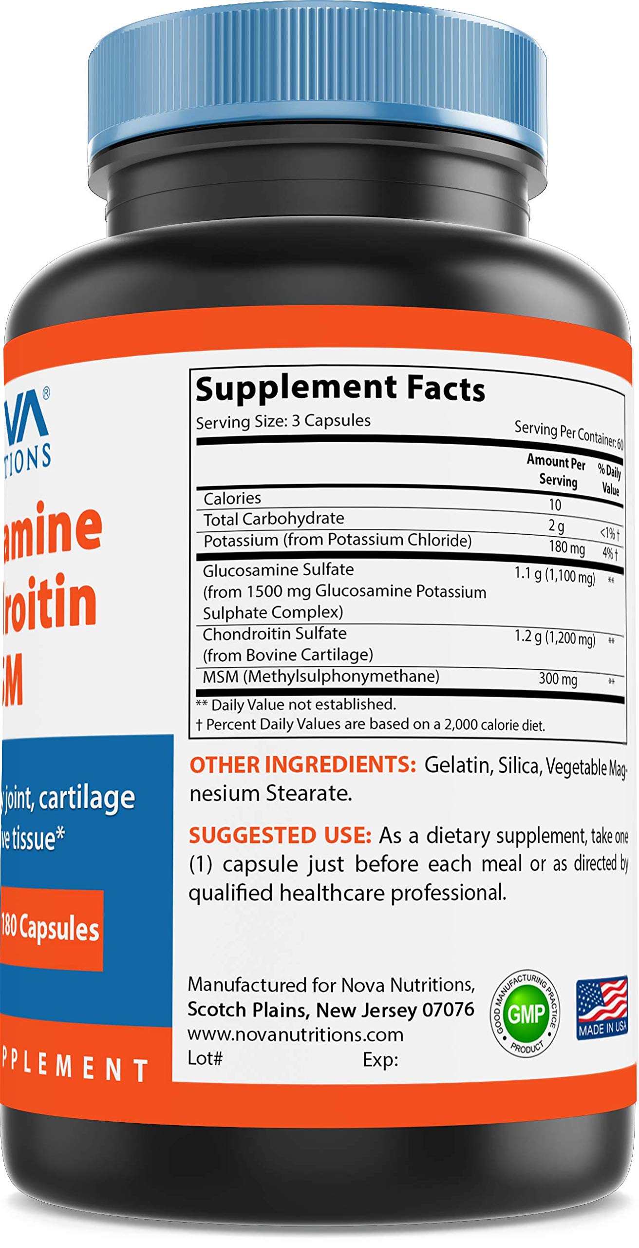 Nova Nutritions Triple Strength Glucosamine Chondroitin MSM 2600mg/Serving – 180 Count Capsules | Joint Health & Flexibility