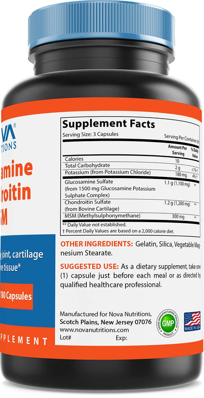 Nova Nutritions Triple Strength Glucosamine Chondroitin MSM 2600mg/Serving – 180 Count Capsules | Joint Health & Flexibility