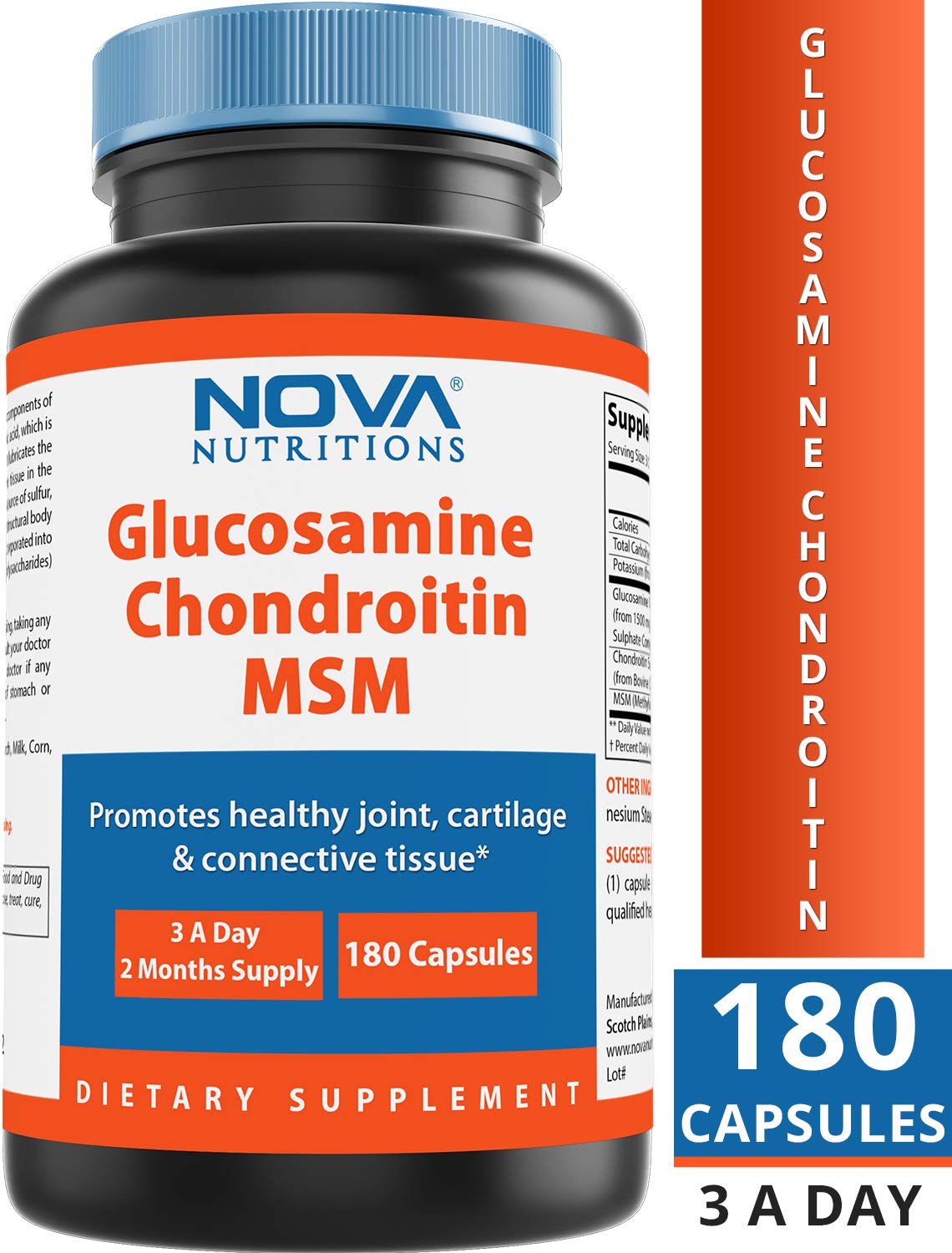 Nova Nutritions Triple Strength Glucosamine Chondroitin MSM 2600mg/Serving – 180 Count Capsules | Joint Health & Flexibility