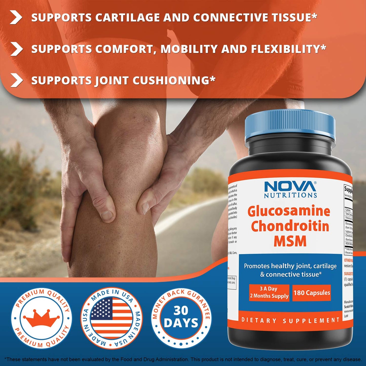 Nova Nutritions Triple Strength Glucosamine Chondroitin MSM 2600mg/Serving – 180 Count Capsules | Joint Health & Flexibility
