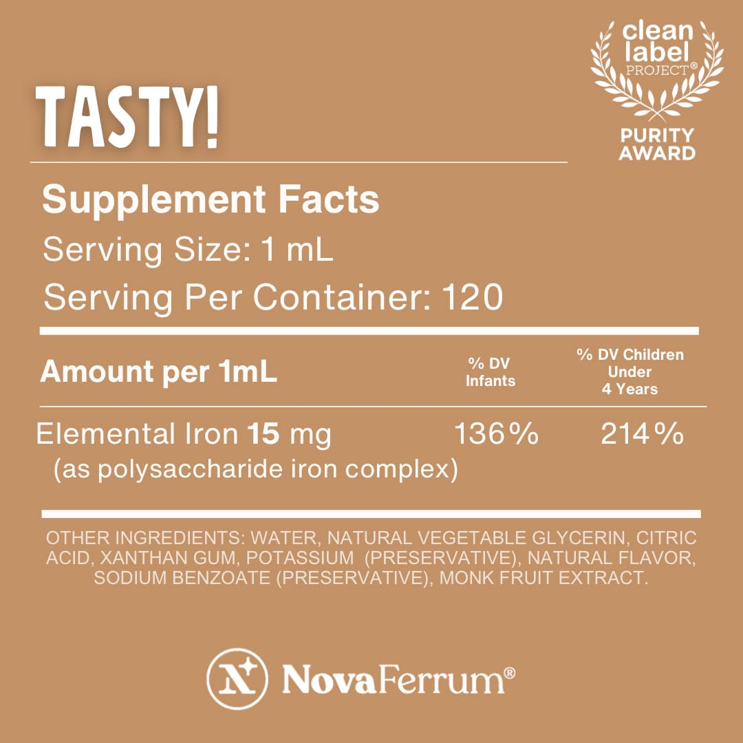 NovaFerrum Tasty | Pediatric Liquid Iron Drops for Infants & Kids (Ages 4 & Under) – 15 mg/mL, Chocolate Flavor, Gluten Free, Sugar Free | 120 Servings