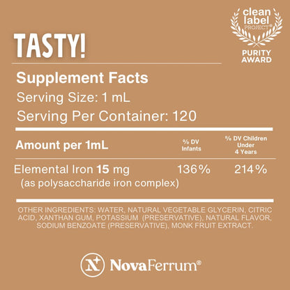 NovaFerrum Tasty | Pediatric Liquid Iron Drops for Infants & Kids (Ages 4 & Under) – 15 mg/mL, Chocolate Flavor, Gluten Free, Sugar Free | 120 Servings