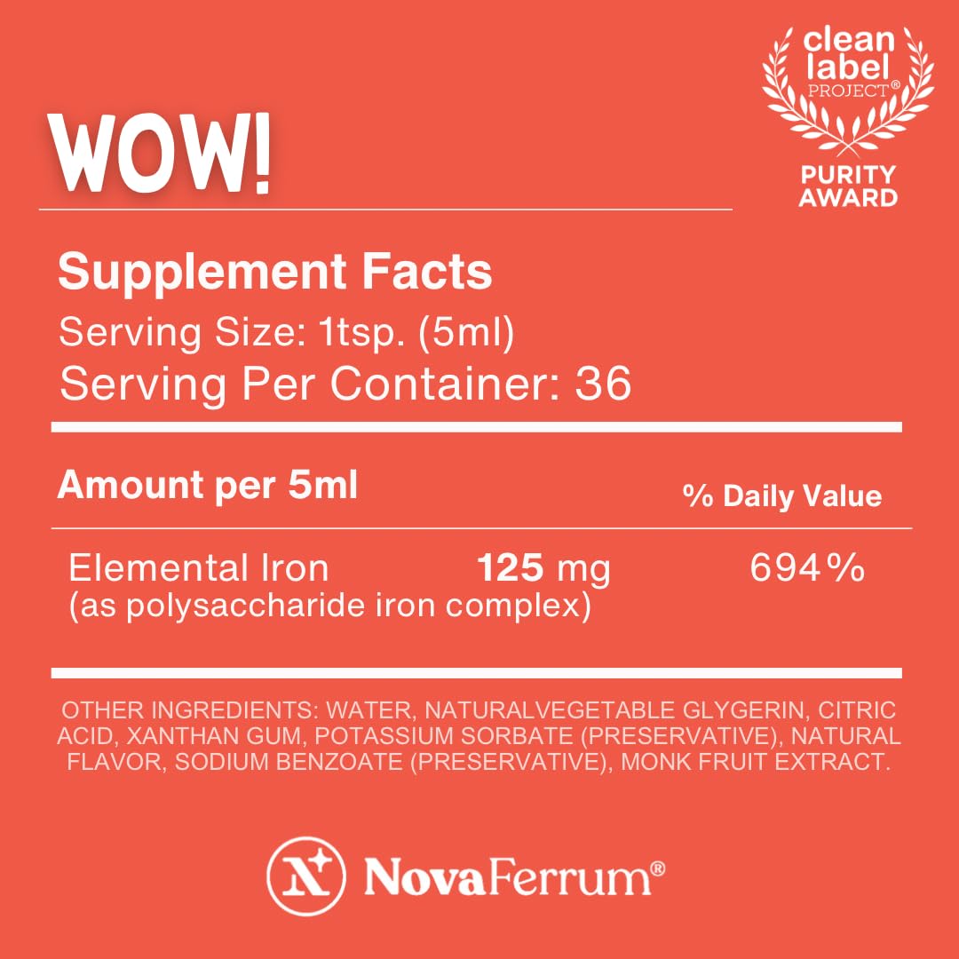 NovaFerrum Wow 125 mg/5 mL High Potency Liquid Iron for Adults | Vegan, Gluten Free, Sugar Free