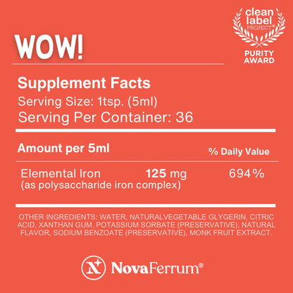 NovaFerrum Wow 125 mg/5 mL High Potency Liquid Iron for Adults | Vegan, Gluten Free, Sugar Free