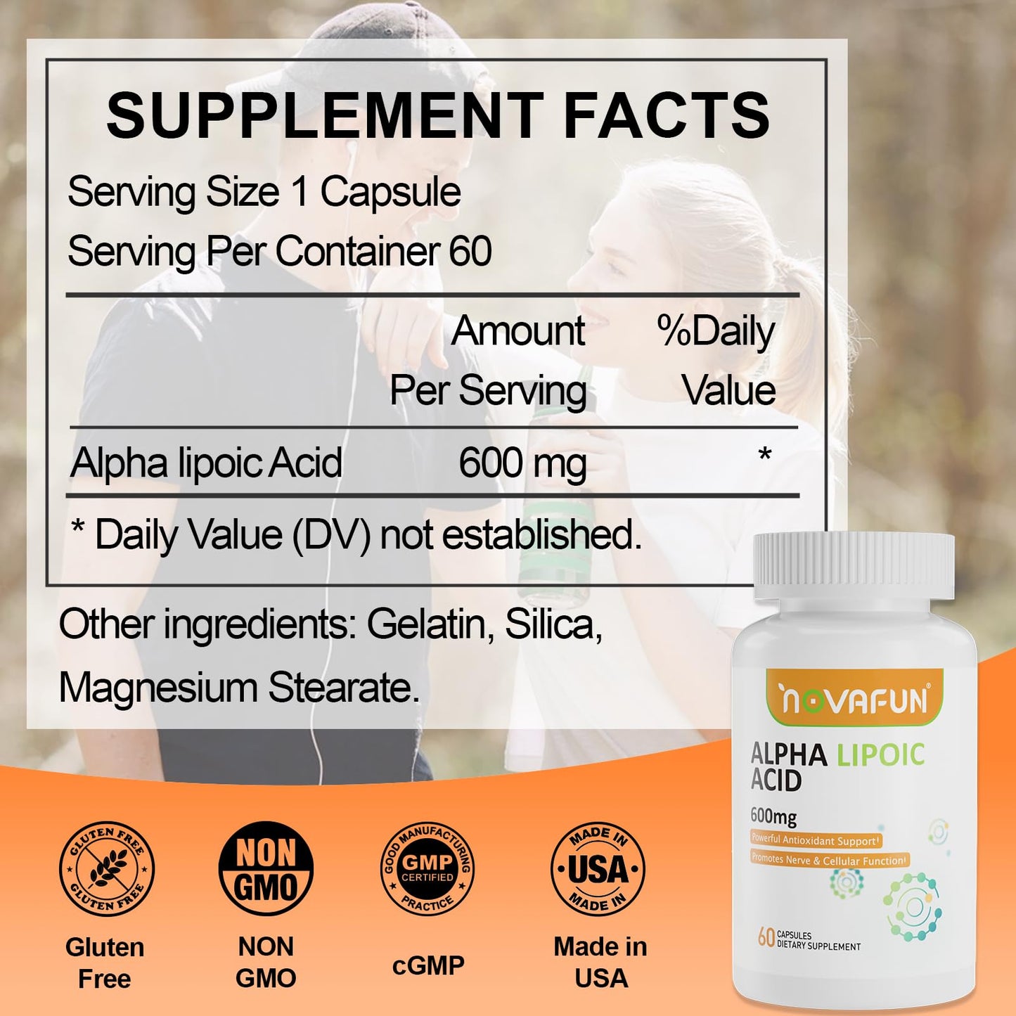 Novafun ALA 600mg Capsules – Nerve Health & Antioxidant Support (60 Count) | Non-GMO, Gluten Free