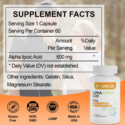 Novafun ALA 600mg Capsules – Nerve Health & Antioxidant Support (60 Count) | Non-GMO, Gluten Free