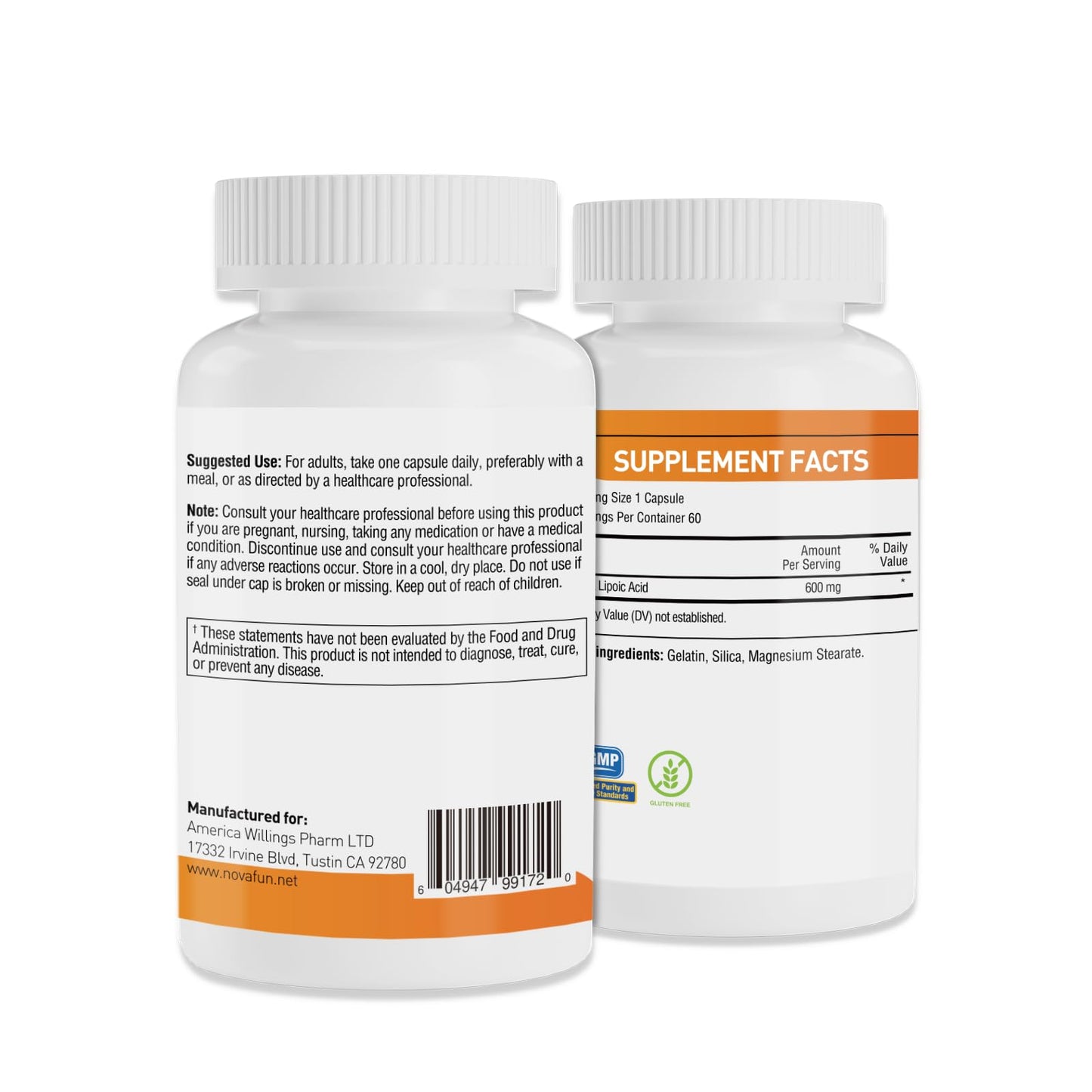 Novafun ALA 600mg Capsules – Nerve Health & Antioxidant Support (60 Count) | Non-GMO, Gluten Free